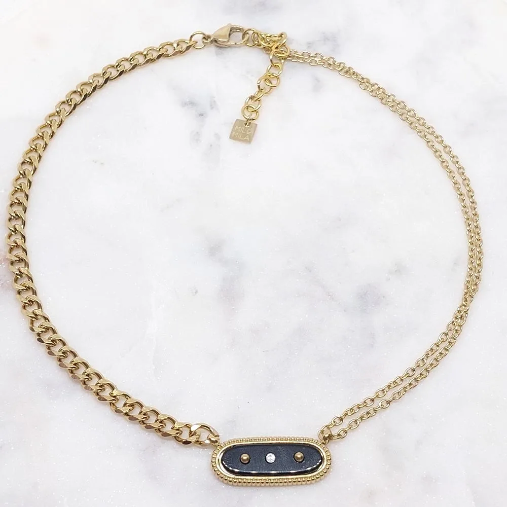 Collier pendentif allongé (pierre onyx noir)