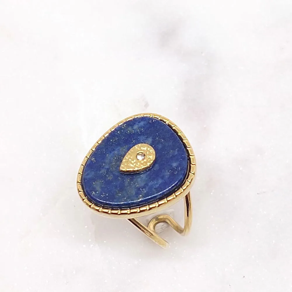 Bague dorée pierre bleue en acier inoxydable Bohm