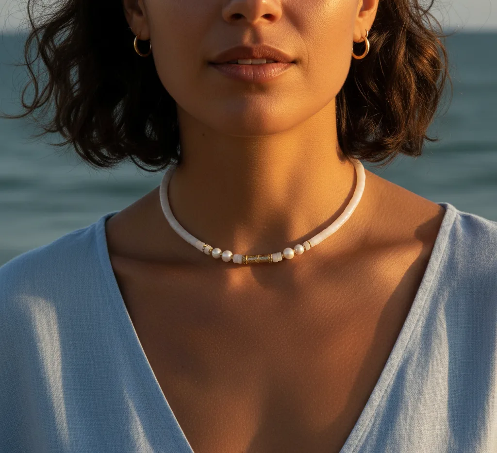 Collier surfeur (pierre blanche et doré)