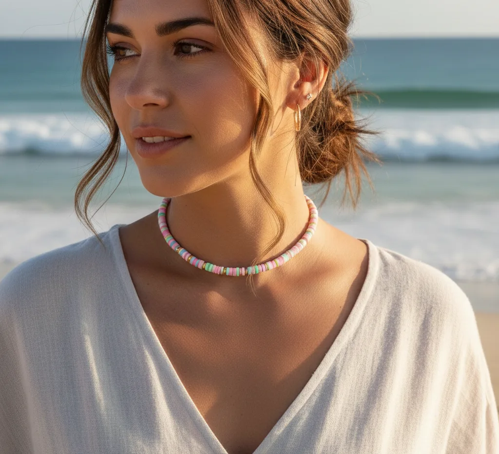 Collier surfeur (perles rose pastel et couleurs vives)