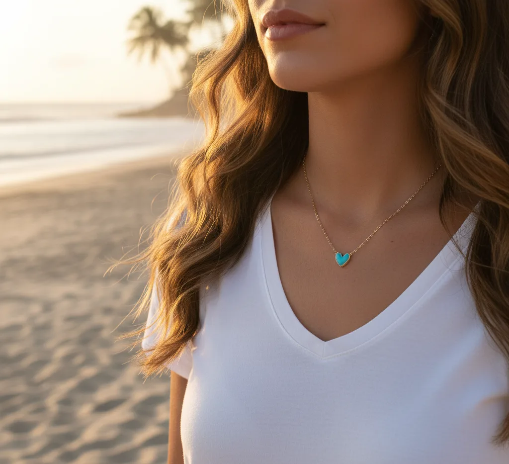 Collier coeur bleu turquoise (doré)